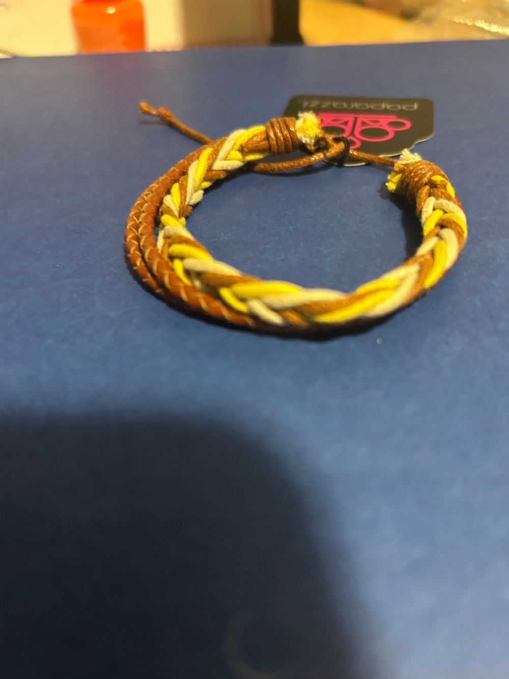 Braided Leather and Woven Thread Men's Bracelet - Brown & Yellow